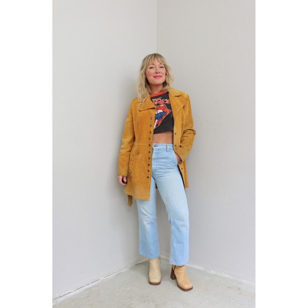 1960's Vintage Rough Mustard Suede Leather Jacket ~ Women's MD LG ~ Men's MD - Picture 8 of 10
